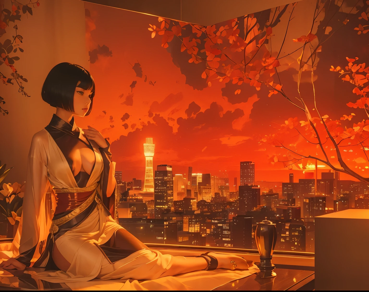(Best quality, 8k, 32k, Masterpiece, UHD:1.2) "Generate a captivating artwork featuring a young Japanese girl model with short, sleek black hair styled in a chic bob haircut. Envision her bathed in dramatic cinematic lighting, creating an atmosphere of allure and mystery. Emphasize a romantic aesthetic vibe, showcasing the model in a poised and elegant pose that evokes a sense of intimacy and sophistication. Utilize warm and soft tones to enhance the romantic ambiance, and consider incorporating elements like flowing fabrics or flowers to add a touch of ethereal beauty. Capture the essence of romance and beauty through the model's expression, the play of light and shadows, and the overall aesthetic, creating a visually compelling and emotionally resonant piece." (perfect eyes), flawless skin, flawless face, cinematic, tight body, ((well-proportion female hands)), ((female hands with five digits))