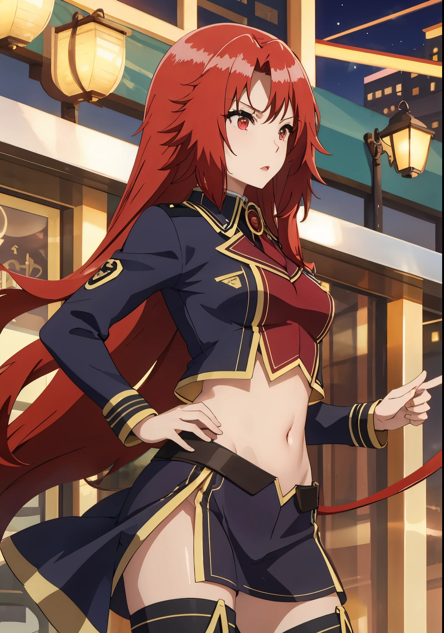 Iris,RED HAIR,RED EYES,  Uniform with navel out、Face forward and show your navel to this side、standing straight ahead.Front Angle、lowrise.Midriff、Expand the navel with your fingers、Navel、a blond、Longhaire、the navel is large、With both hands tied with ropes、Bondage