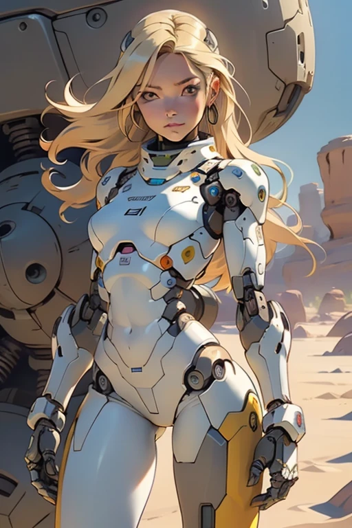 high quality, 4k, masterpiece, beautiful, cyborg girl, cowboy shot, dull eyes, looking at viewer, long blonde hair, girl, small breasts, fit thigh, robotic arms, robotic body, cyborg body, yellow accent, redaccent, intricate detail, joint, detailed lines, robotic detail, holding fist up, holding hand up as fist, color robotic parts, robotic parts with color, perfect fingers, on a desert planet, sunny background, colorful desert,
