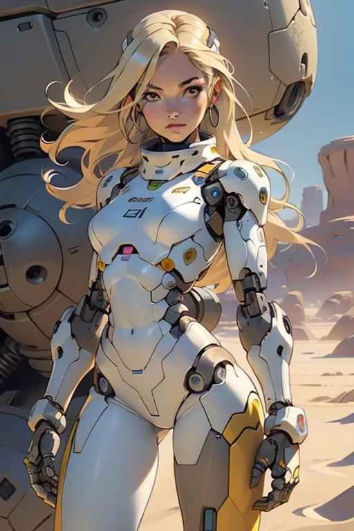 high quality, 4k, masterpiece, beautiful, cyborg girl, cowboy shot, dull eyes, looking at viewer, long blonde hair, girl, small breasts, fit thigh, robotic arms, robotic body, cyborg body, yellow accent, redaccent, intricate detail, joint, detailed lines, robotic detail, holding fist up, holding hand up as fist, color robotic parts, robotic parts with color, perfect fingers, on a desert planet, sunny background, colorful desert,