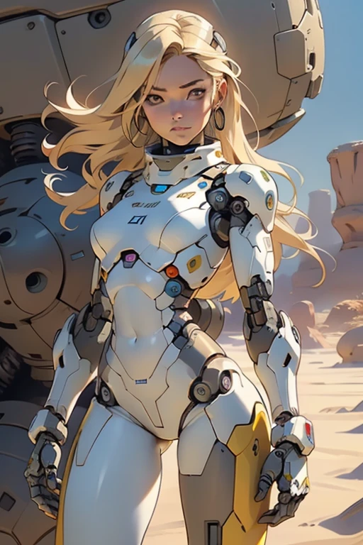 high quality, 4k, masterpiece, beautiful, cyborg girl, cowboy shot, dull eyes, looking at viewer, long blonde hair, girl, small breasts, fit thigh, robotic arms, robotic body, cyborg body, yellow accent, redaccent, intricate detail, joint, detailed lines, robotic detail, holding fist up, holding hand up as fist, color robotic parts, robotic parts with color, perfect fingers, on a desert planet, sunny background, colorful desert,