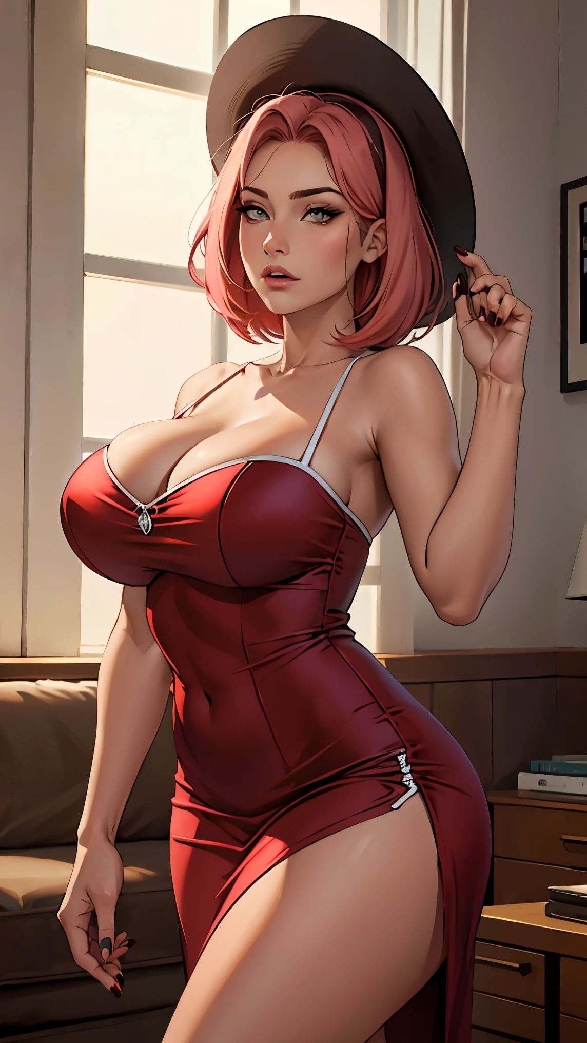 "((huge tits)) ((mujer usando un vestido burdeos y un sombrero a juego)) ((mujer con cabello largo y oscuro)) ((posando seductoramente)) ((luz suave)) ((flirtatious expression)) ((manicura roja)) ((detalles delicados)) ((Photographic Style)) ((piel bronceada)) ((bright and modern room)) ((toque de brillo en el rostro)) ((correa rosa en el cuello))