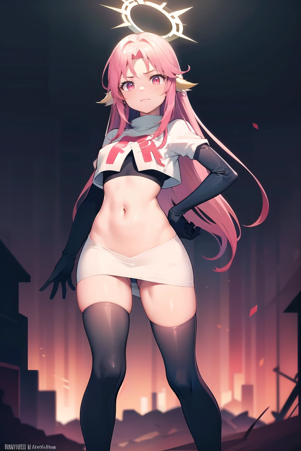 ,best quality,(masterpiece:1.3),cinematic lighting,
ngnl_jibril,long hair,pink hair,halo,team rocket,team rocket uniform,white skirt,red letter R,crop top,black thigh-highs,black elbow gloves,