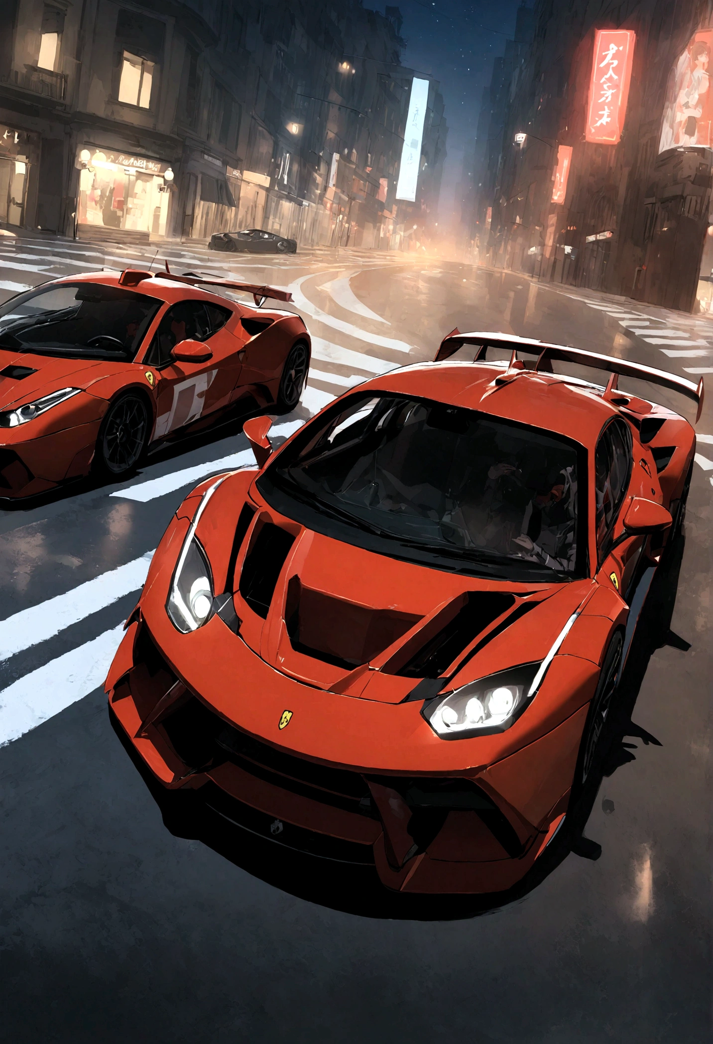 "uma Quoridade(Ferrari 488 GT3)Race cars race around the city circuit at night,Um sopro de sangue e velocidade。"