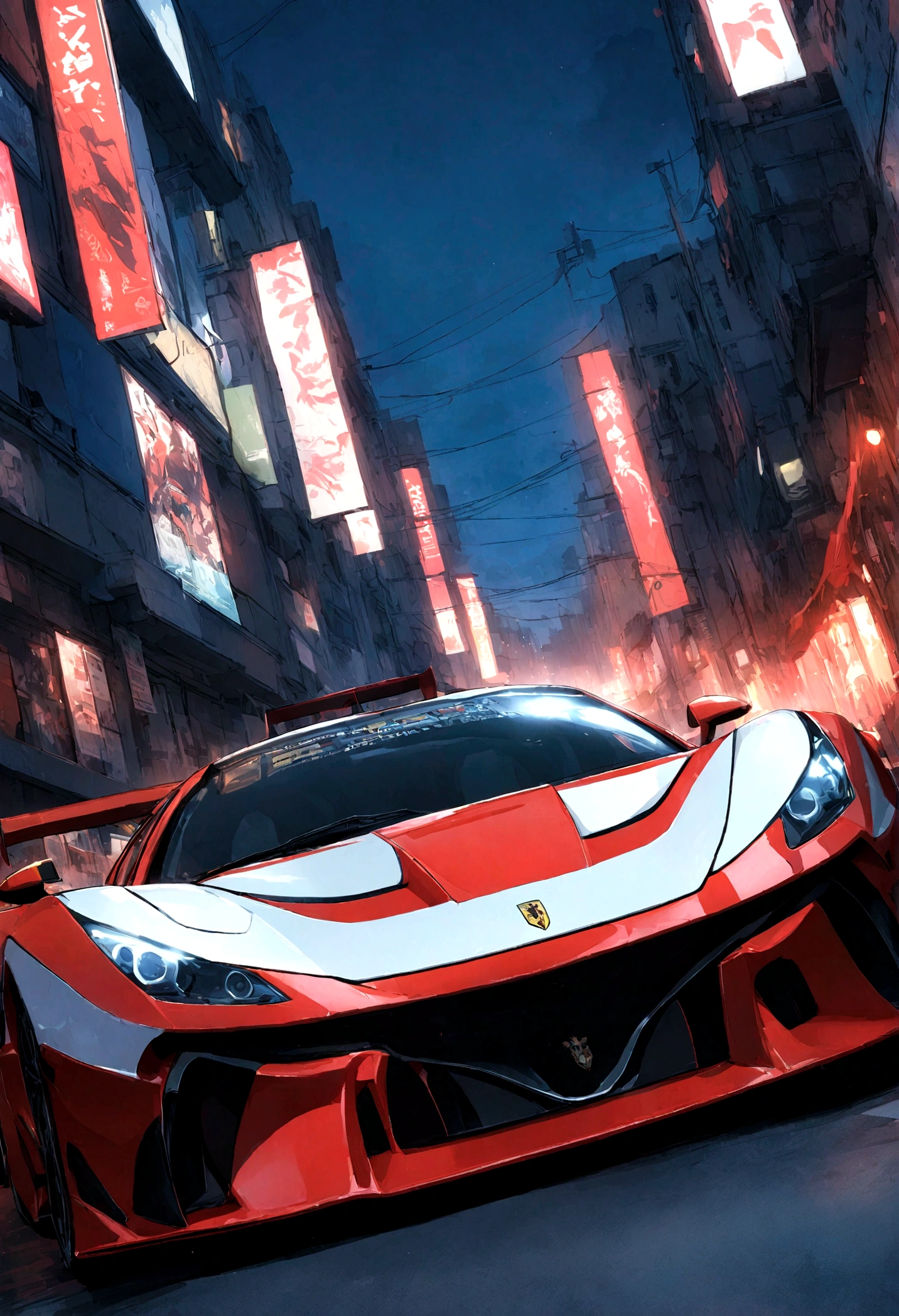 "uma Quoridade(Ferrari 488 GT3)Race cars race around the city circuit at night，Um sopro de sangue e velocidade。"
