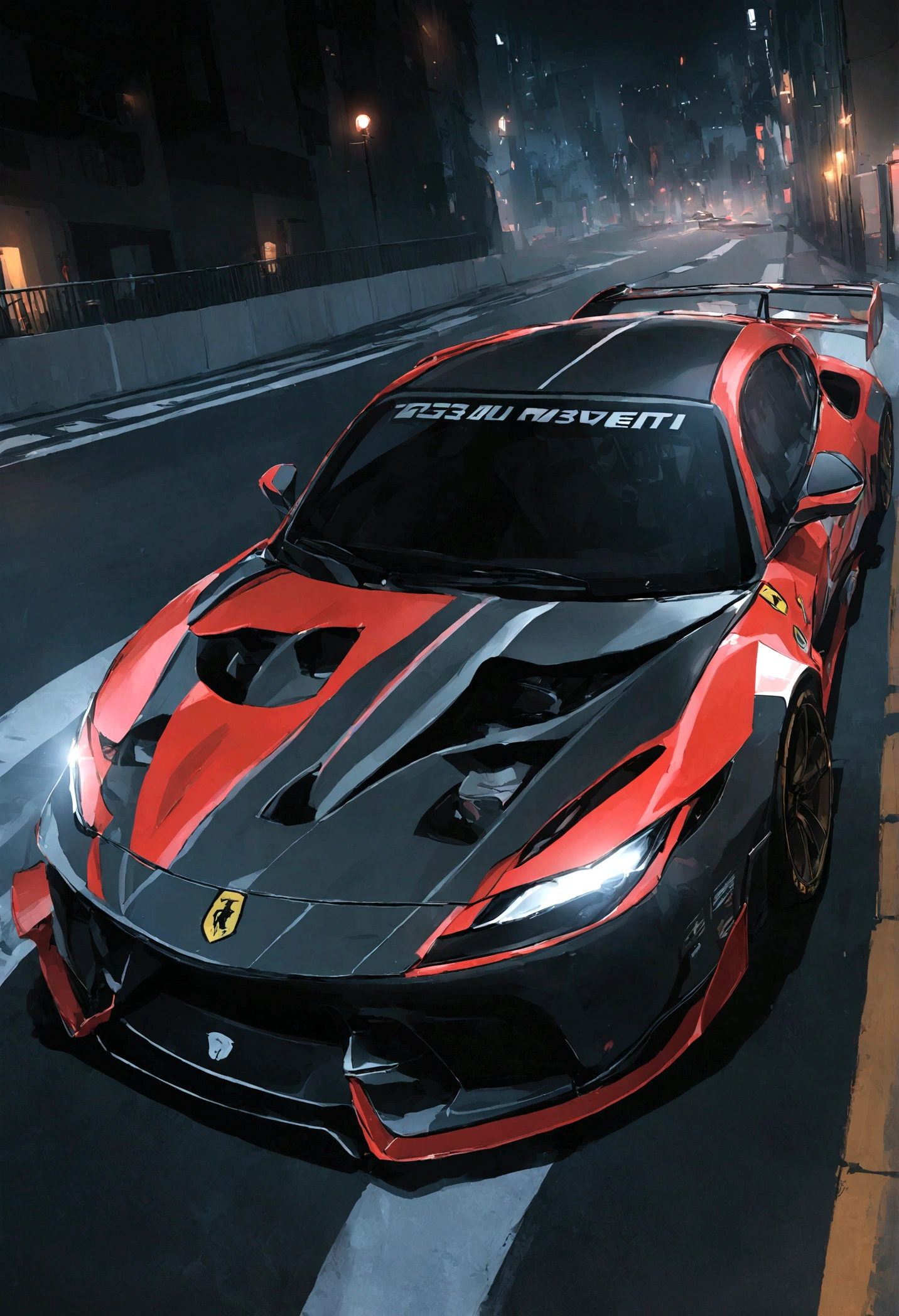"uma Quoridade(Ferrari 488 GT3)Race cars race around the city circuit at night,Um sopro de sangue e velocidade。"