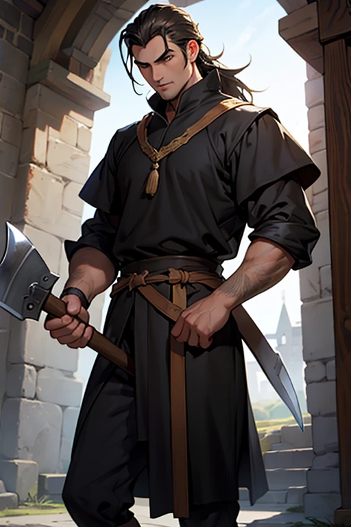 a handsome serious male peasant in medieval times, jet black slick back hair, hazel brown eyes, medieval outfit, tunic, holding an axe