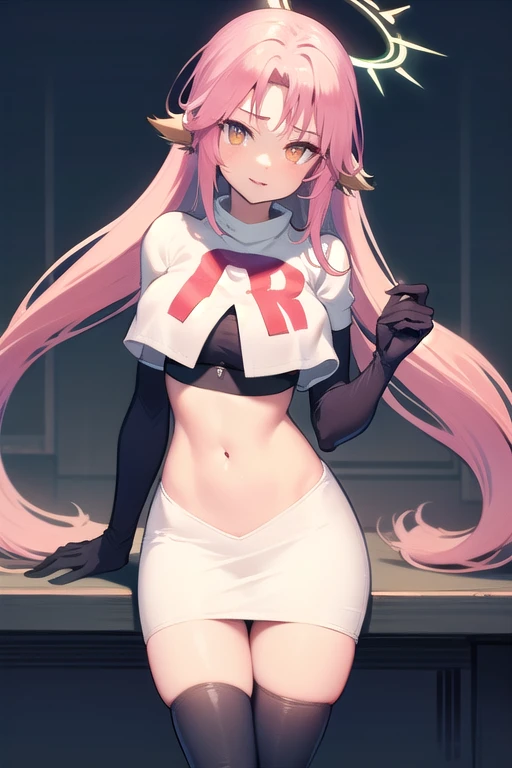 ,best quality,(masterpiece:1.3),cinematic lighting,
ngnl_jibril,long hair,pink hair,halo,team rocket,team rocket uniform,white skirt,red letter R,crop top,black thigh-highs,black elbow gloves,