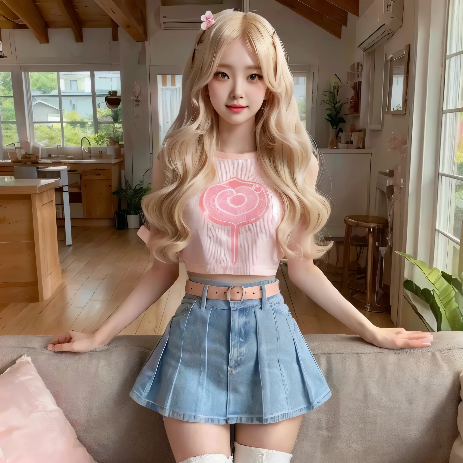 there is a woman that is posing on a couch with a lollipop, kawaii shirt and jeans, anime barbie doll, ulzzang, cute kawaii girl, kawaii aesthetic, blonde anime girl with long hair, anime girl in real life, realistic anime 3 d style, white hime cut hairstyle, with white long hair, with long blond hair, anime girl with long hair. wonyoung