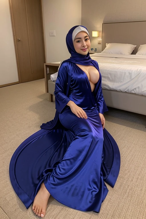 Beautiful japan girl in hijab, perfect fit body,small gorgeous eyes, Soft smile,beutiful face,thick thighs, eye liner, long train dress, perfect shape body,beautifull nose, walk into bed, satin, hijab, clear nipple, full body photo, floor sweep sexy gown, mermaid dress very long fabric