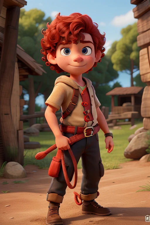 Red-haired curly boy with slingshot in his hand and wearing a warrior outfit 