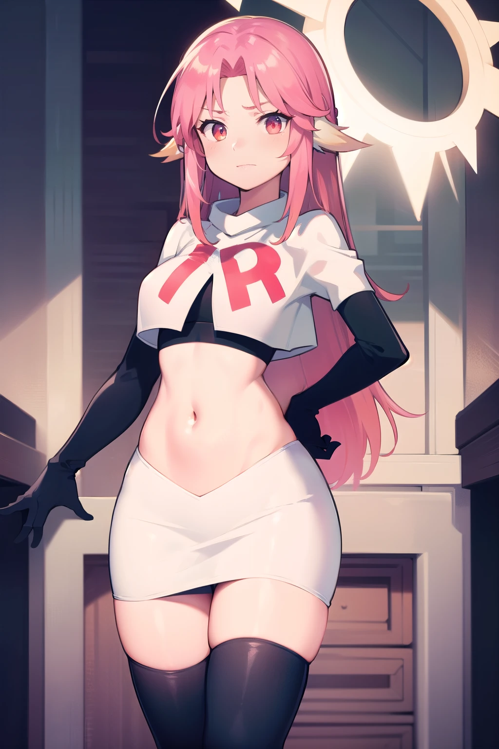 ,best quality,(masterpiece:1.3),cinematic lighting,
ngnl_jibril,long hair,pink hair,halo,team rocket,team rocket uniform,white skirt,red letter R,crop top,black thigh-highs,black elbow gloves,