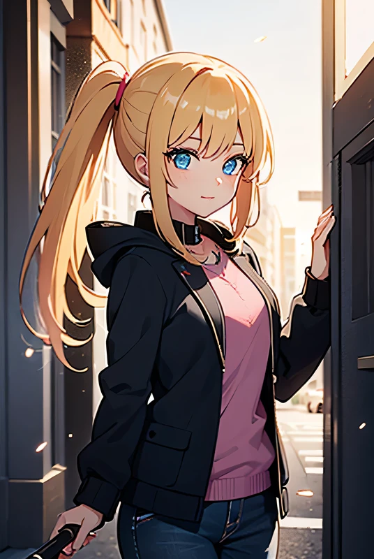 1girl, blond hair two ponytails, shinny hair, glowing blue eyes, pink goth outfit, sidelighting, light particles, background outside down town, sunny, doing a poss