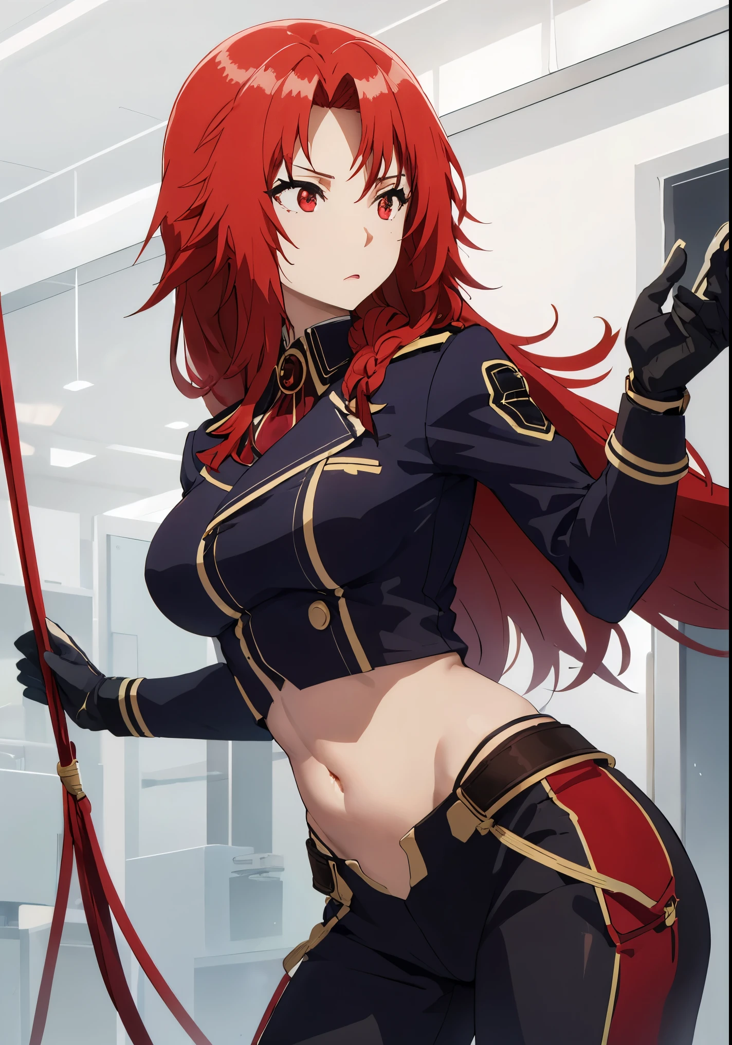 Iris,RED HAIR,RED EYES, Uniform with navel out、Face forward and show your navel to this side、standing straight ahead.Front Angle、lowrise.Midriff、Expand the navel with your fingers、Navel、a blond、Longhaire、the navel is large、With both hands tied with ropes、Bondage