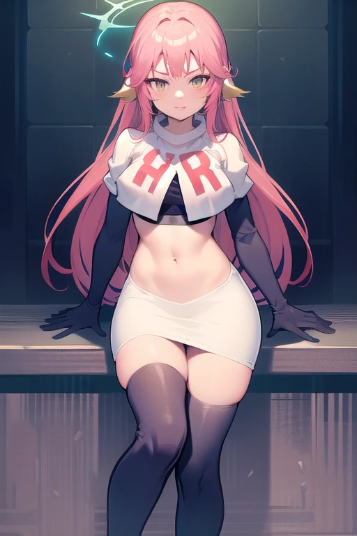 ,best quality,(masterpiece:1.3),cinematic lighting,
ngnl_jibril,long hair,pink hair,halo,team rocket,team rocket uniform,white skirt,red letter R,crop top,black thigh-highs,black elbow gloves,