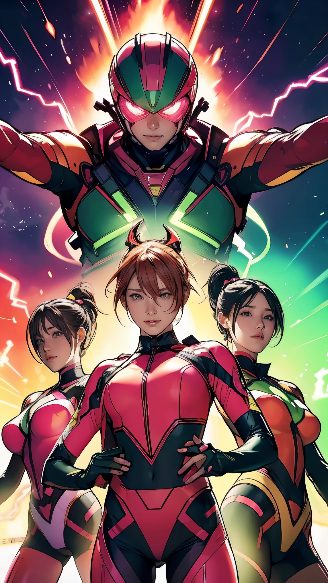 A brave and daring image of the six-man Ranger team, Each is decorated with the following vibrant colors:: neon pink, Sunset Orange, Fire engine red, plasma violet, Fluorescent Green, shocking yellow. A dynamic pose with a background that oozes energy and courage.。, Embodying the essence of the classic Sentai superhero team. Each Ranger's outfit is sleek and modern, Each color has elements that reflect its theme., Ready for action. ((camel toe))