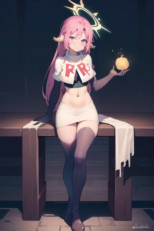 ,best quality,(masterpiece:1.3),cinematic lighting,
ngnl_jibril,long hair,pink hair,halo,team rocket,team rocket uniform,white skirt,red letter R,crop top,black thigh-highs,black elbow gloves,