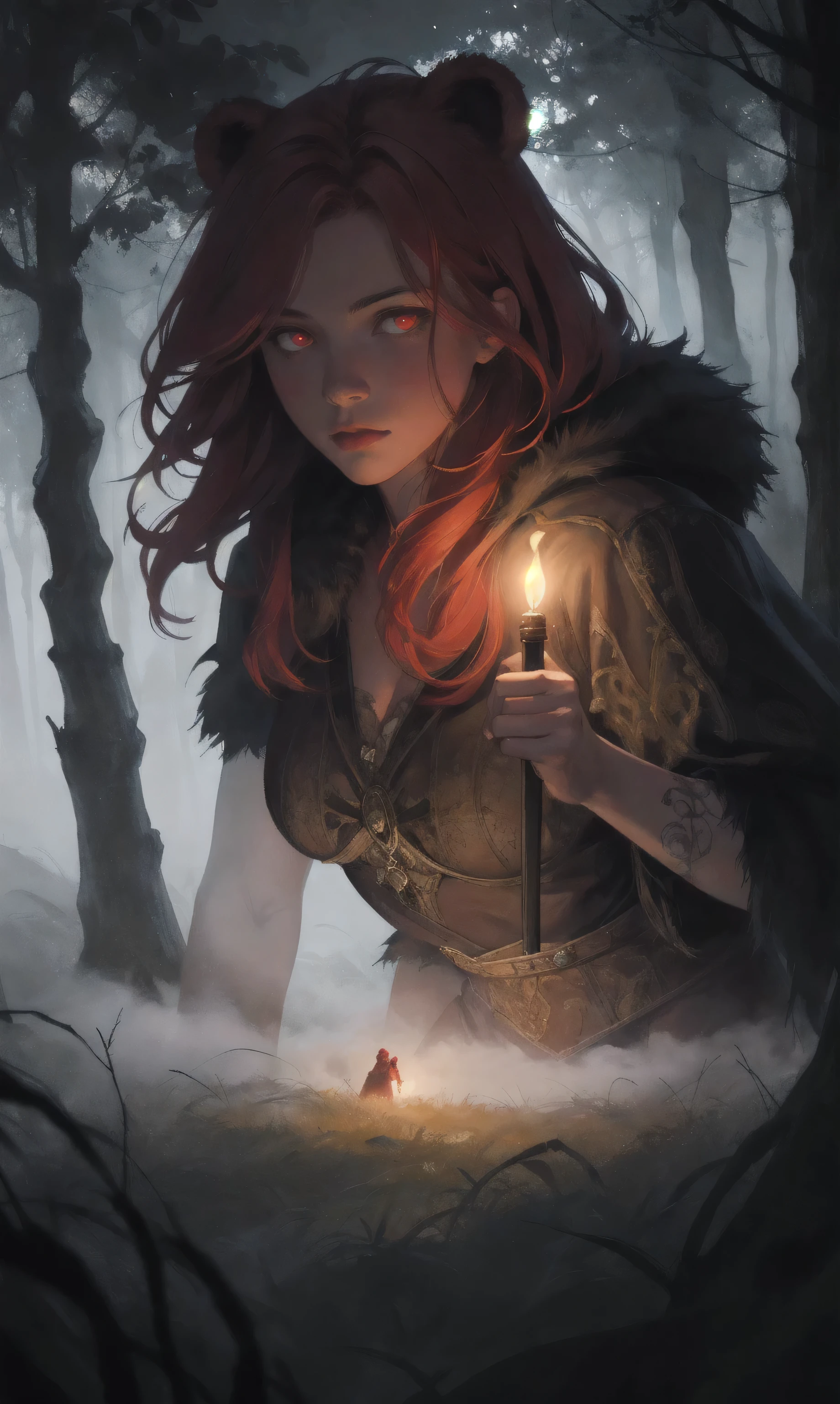 advdnd2023, novel illustration, intricate art, 1girl, female, a woman, redhead, wearing a bear skin, positioned in a dense forest, glowing red eyes, holding a torch, gloomy atmosphere with fog, detailed painting style, realistic light and shadows, painting, open field