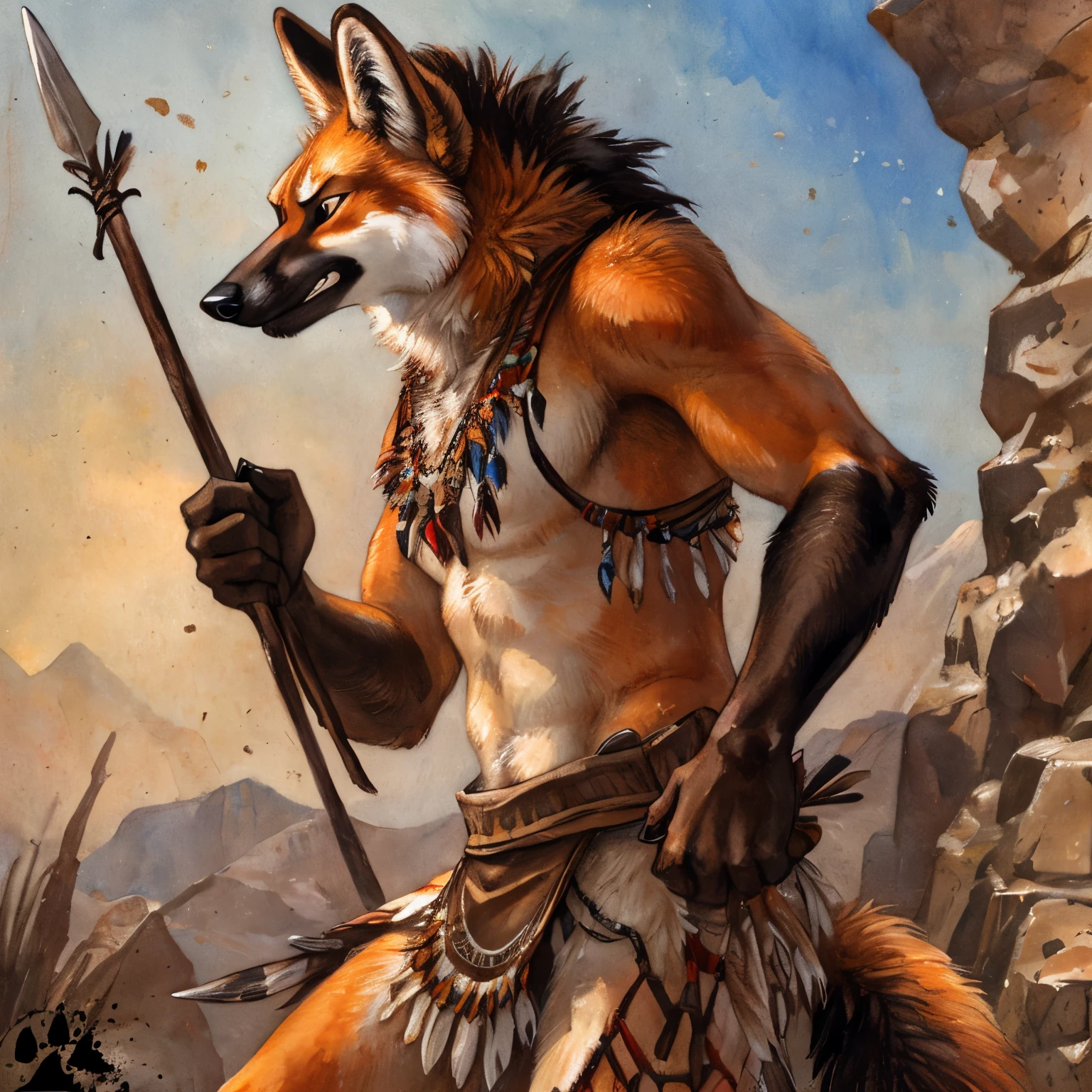 Male, Anthro, maned wolf, angry eyes, tribal vests, holding spear, detailed anatomy, no background, (by blotch)