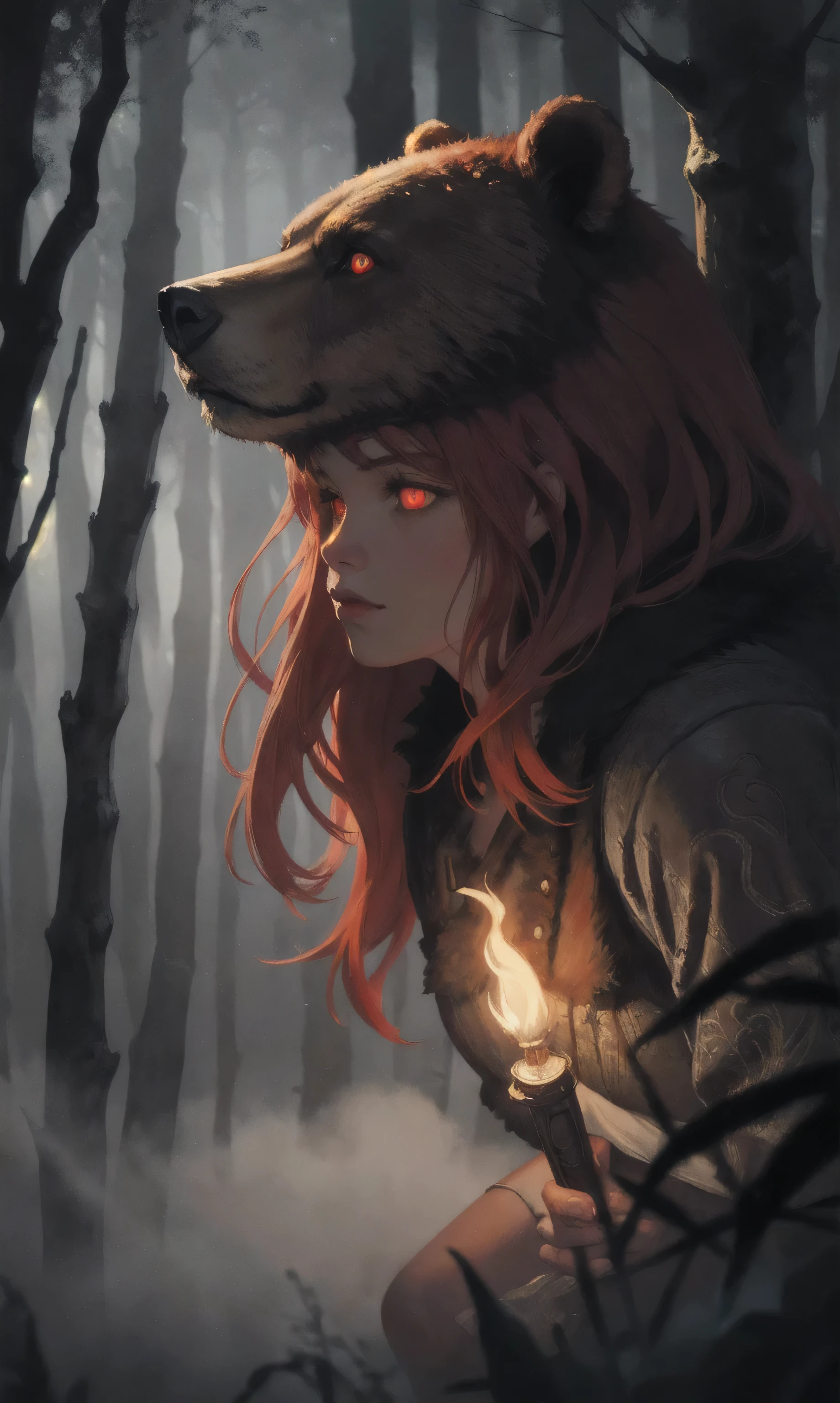 advdnd2023, novel illustration, intricate art, 1girl, female, a woman, redhead, wearing a bear skin, positioned in a dense forest, glowing red eyes, holding a torch, gloomy atmosphere with fog, detailed painting style, realistic light and shadows, painting, open field