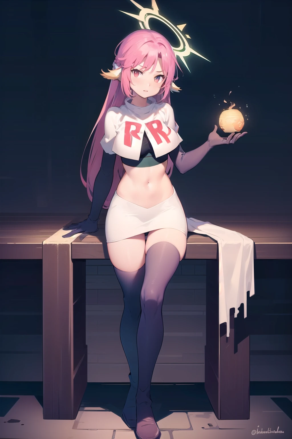 ,best quality,(masterpiece:1.3),cinematic lighting,
ngnl_jibril,long hair,pink hair,halo,team rocket,team rocket uniform,white skirt,red letter R,crop top,black thigh-highs,black elbow gloves,