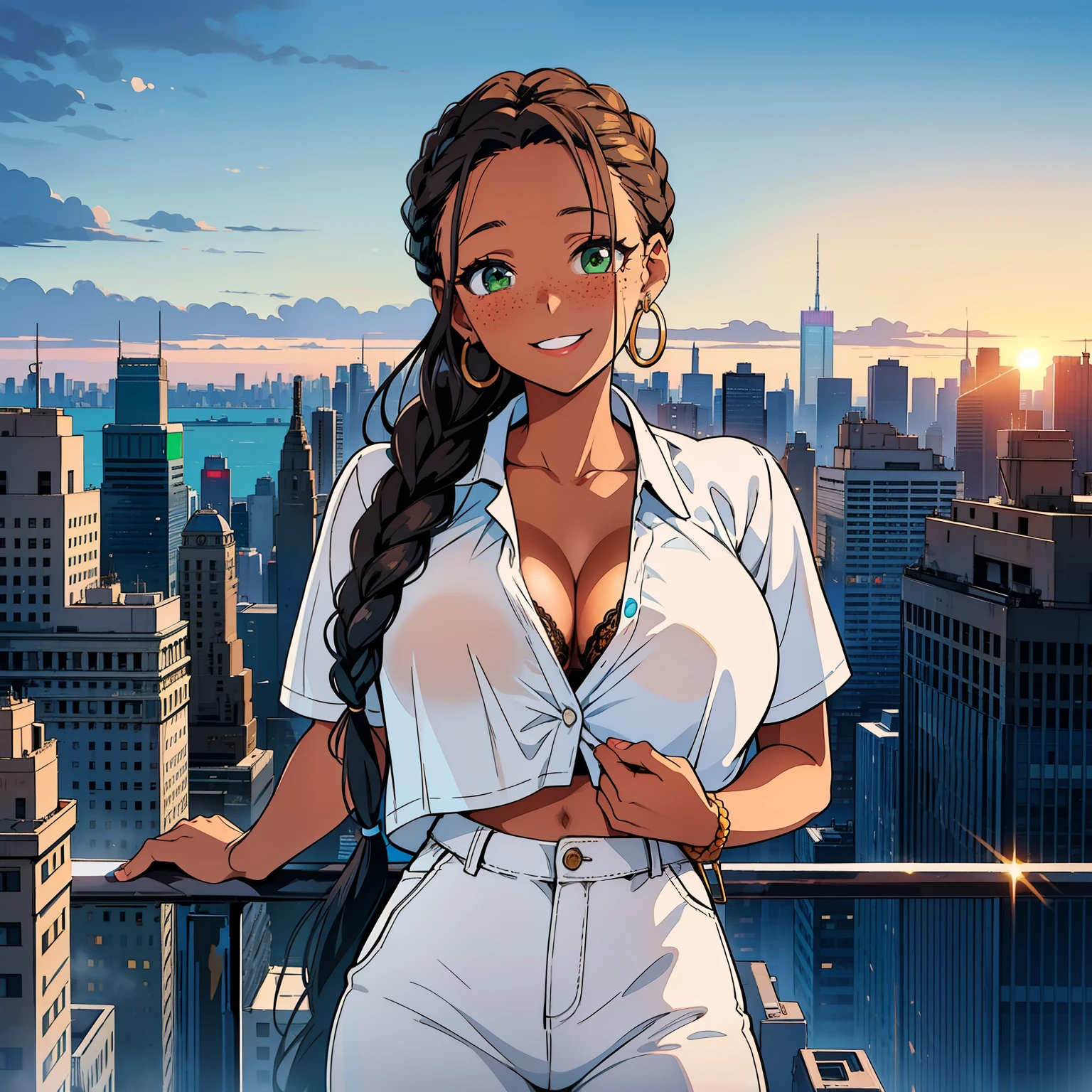 Girl with black skin, braided brown hair, Box braids, green eyes, smiling, white shorts, black bra, white blouse, big circle gold earrings,  freckles, big lips, on a rooftop, nyc skyline in the background, blue skies big clouds