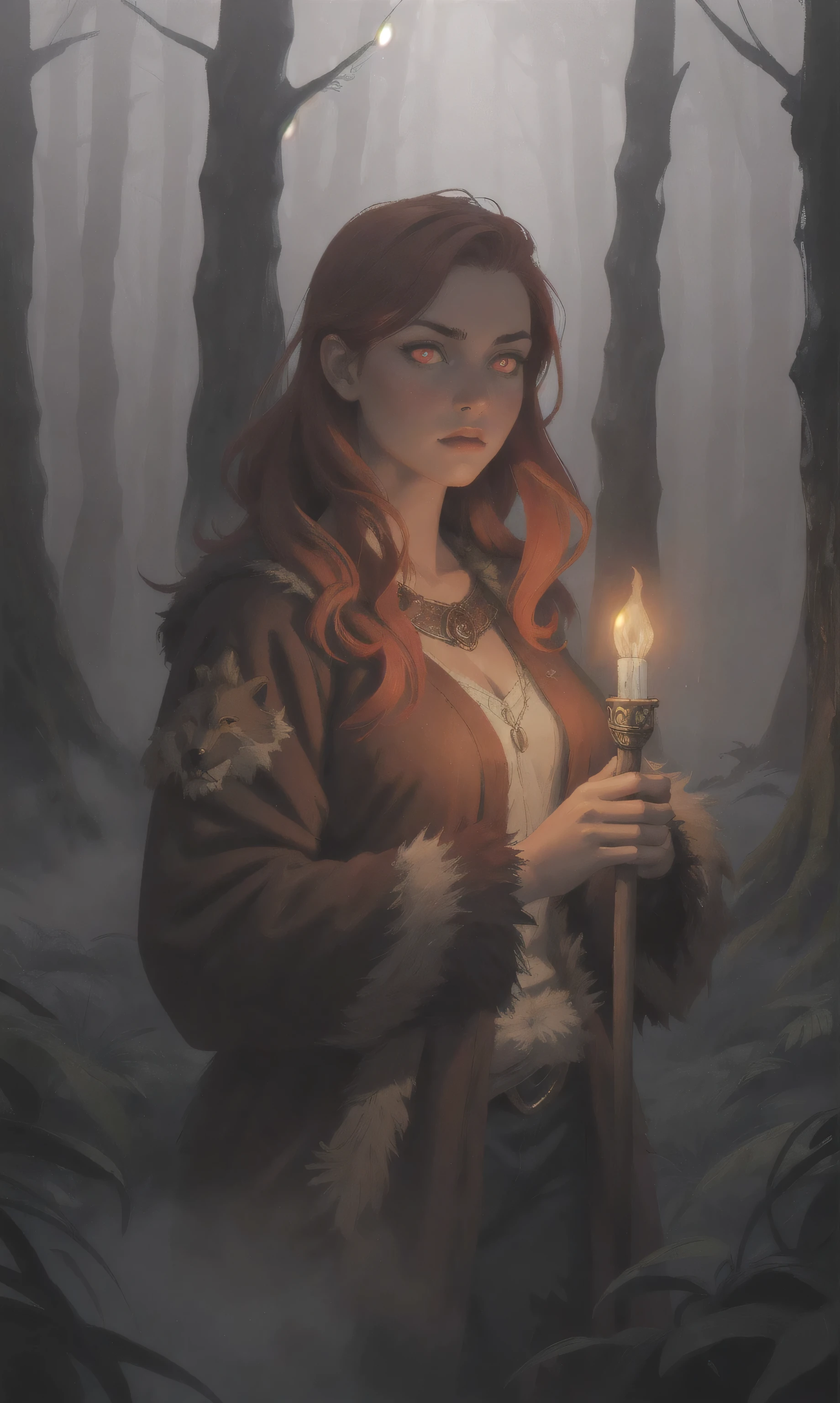 advdnd2023, novel illustration, intricate art, 1girl, female, a woman, redhead, wearing a bear skin, positioned in a dense forest, glowing red eyes, holding a torch, gloomy atmosphere with fog, detailed painting style, realistic light and shadows, painting, open field