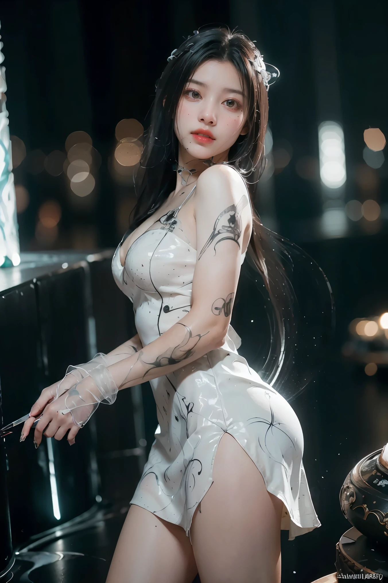 ((masterpiece, best quality)), ultra detailed 8k, photorealistic, sharp focus, highly detailed, professional lighting , shadowmancer, photo of a woman, ink particle, ((swirling black ink floating around)), futuristic fantasy, futuristic white dress, dynamic pose, realistic, masterpiece, intricate details, detailed background, depth of field,