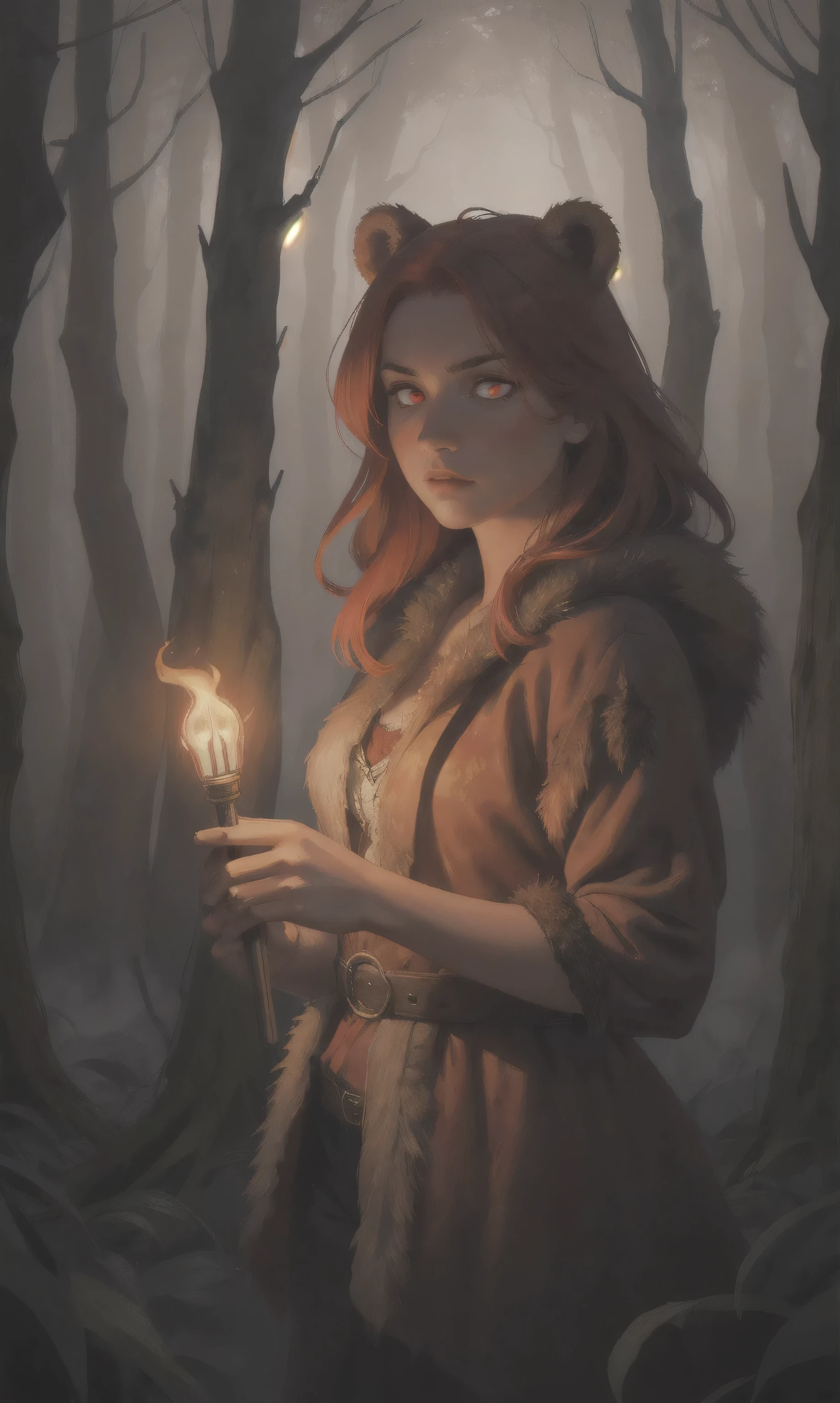 advdnd2023, novel illustration, intricate art, 1girl, female, a woman, redhead, wearing a bear skin, positioned in a dense forest, glowing red eyes, holding a torch, gloomy atmosphere with fog, detailed painting style, realistic light and shadows, painting, open field