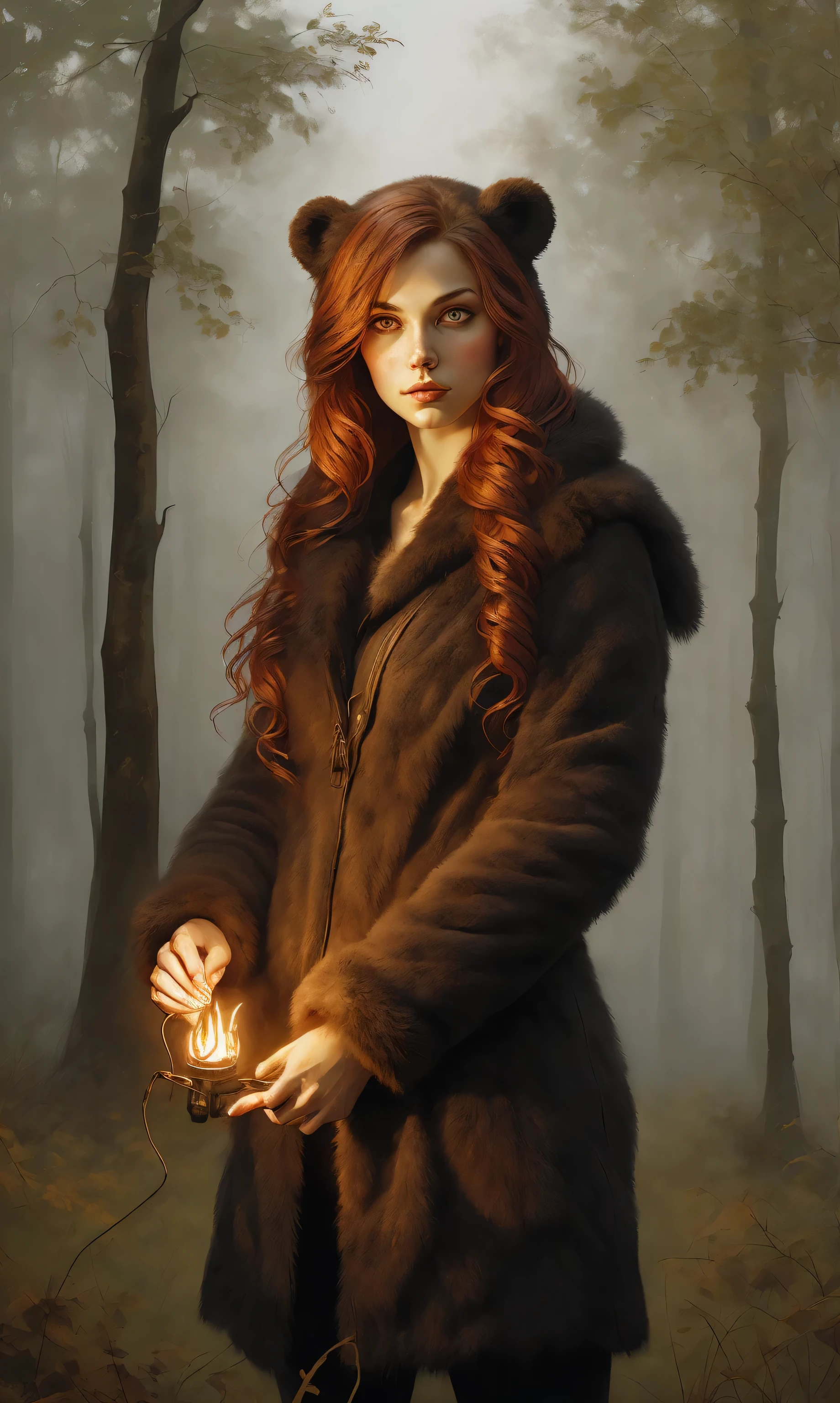 Sinthpaint, novel illustration, intricate art, 1girl, female, a woman, redhead, wearing a bear skin, positioned in a dense forest, glowing red eyes, holding a torch, gloomy atmosphere with fog, detailed painting style, realistic light and shadows, painting, open field