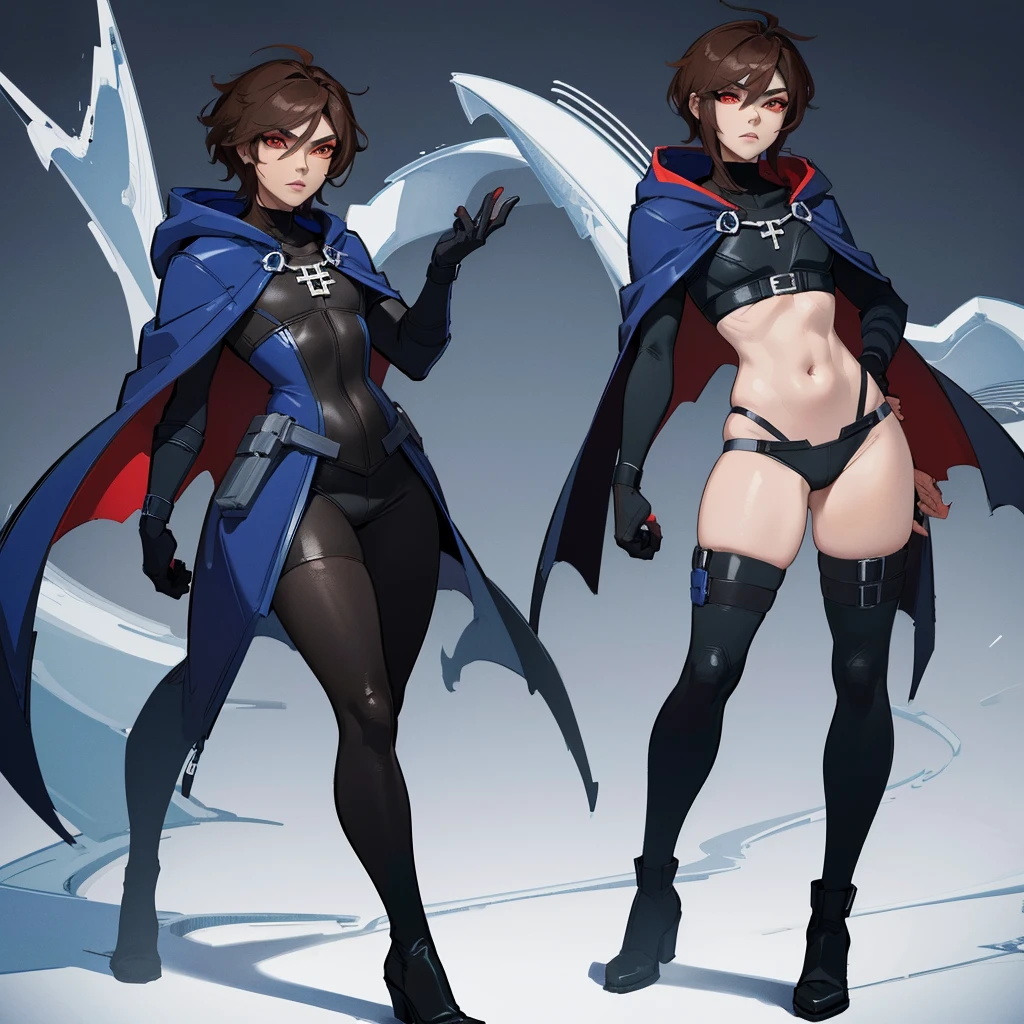 1boy, Femboy, superhero, crossdresser man, , with a dark blue with red accents full body Spandex crow themed suit, with a blue cape, a blue glowing decal in the chest, black gloves and black boots that resemble crow feet, and a hoodie, long technological red sword, brown skinned, red eyes, feminine shoulder length dark brown hair, wide hips, thick thighs , flat chest, narrow waist, standing on the rooftop in the over a futuristic city at night ((only one character))