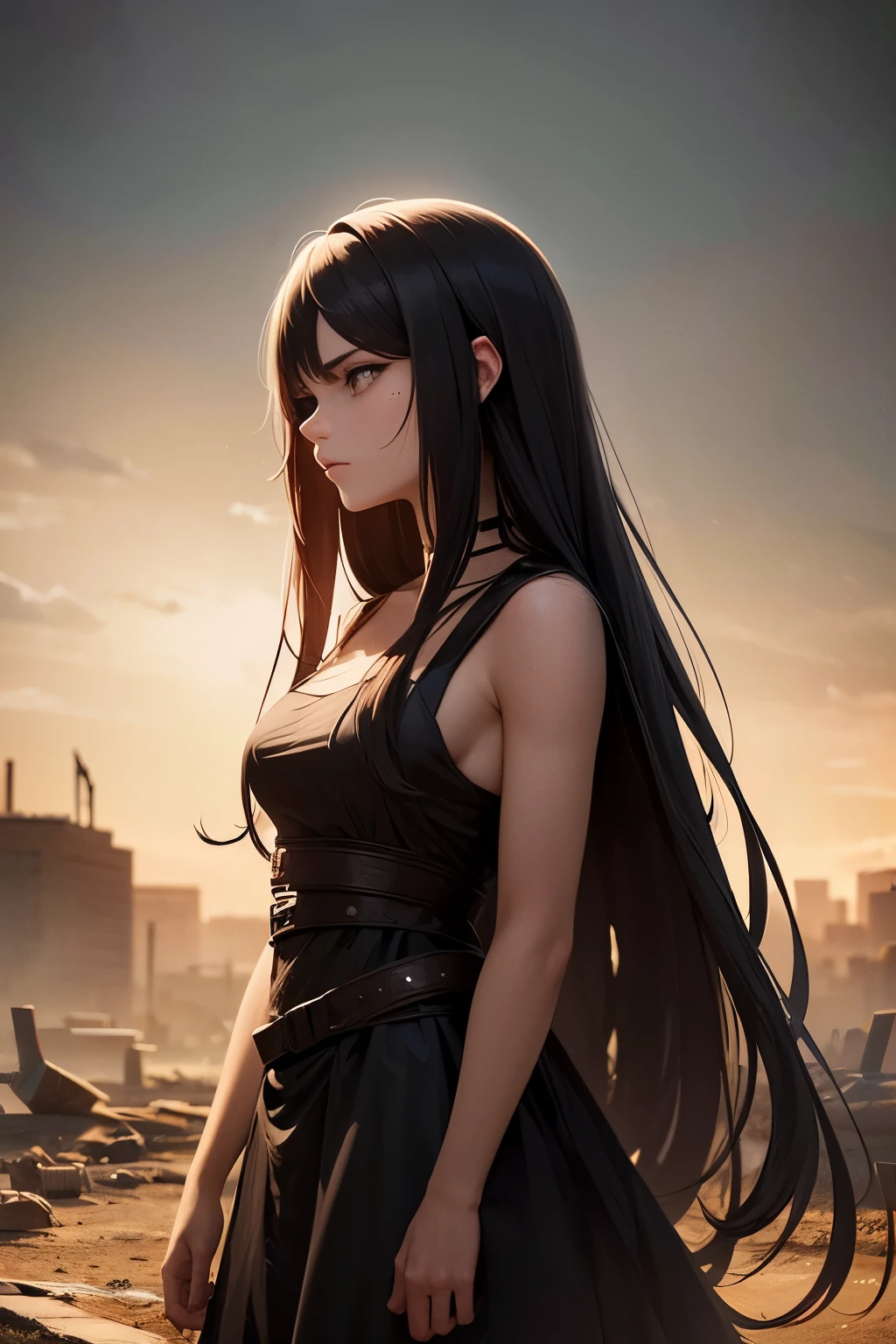 a beautiful young woman with long hair In an apocalyptic background With a sad and terrifying look, with opaque colors