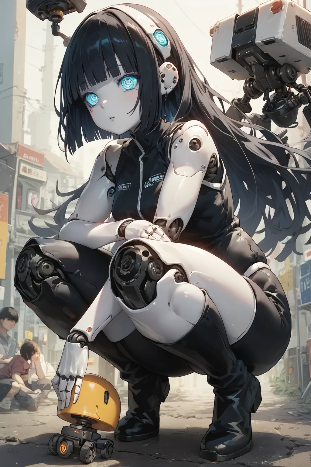 score_9, score_8_up, score_7_up, BREAK,
masterpiece, best quality, extremely detailed, Japanese android woman,Plump,control panels,Squat,android,droid,Mechanical Hand,Robot arms and legs, Black Robot Parts,black hair, white knee high socks,black sponge joints,blunt bangs,white robot body,ceramic body,long boots,perfect cyborg girl,on the street