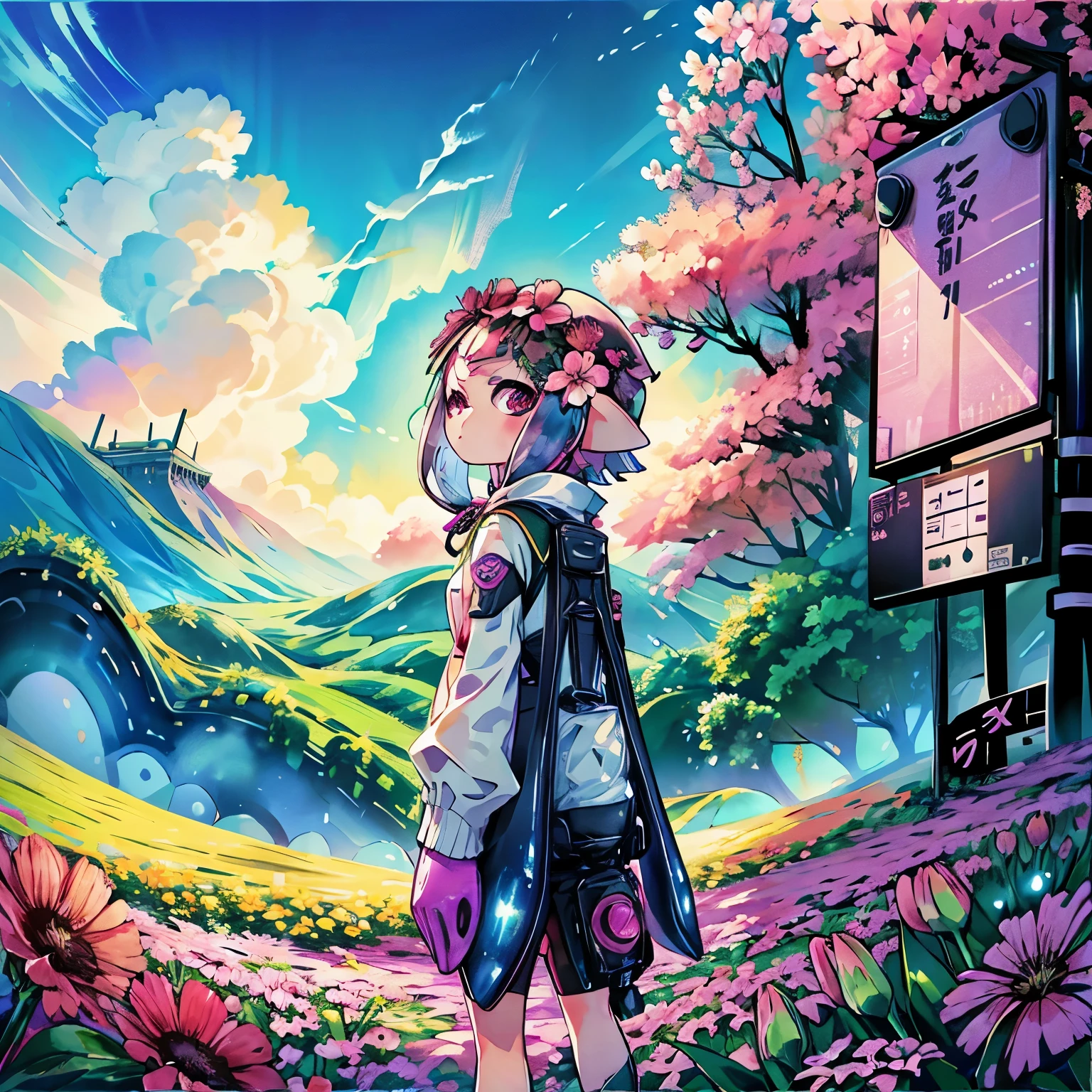 Ultra-wide angle、From afar、scenery、Flower Field、All over the ground々Flower、Flower Fieldの中に座っている、Splatoon girl looking into the distance、Flower storm