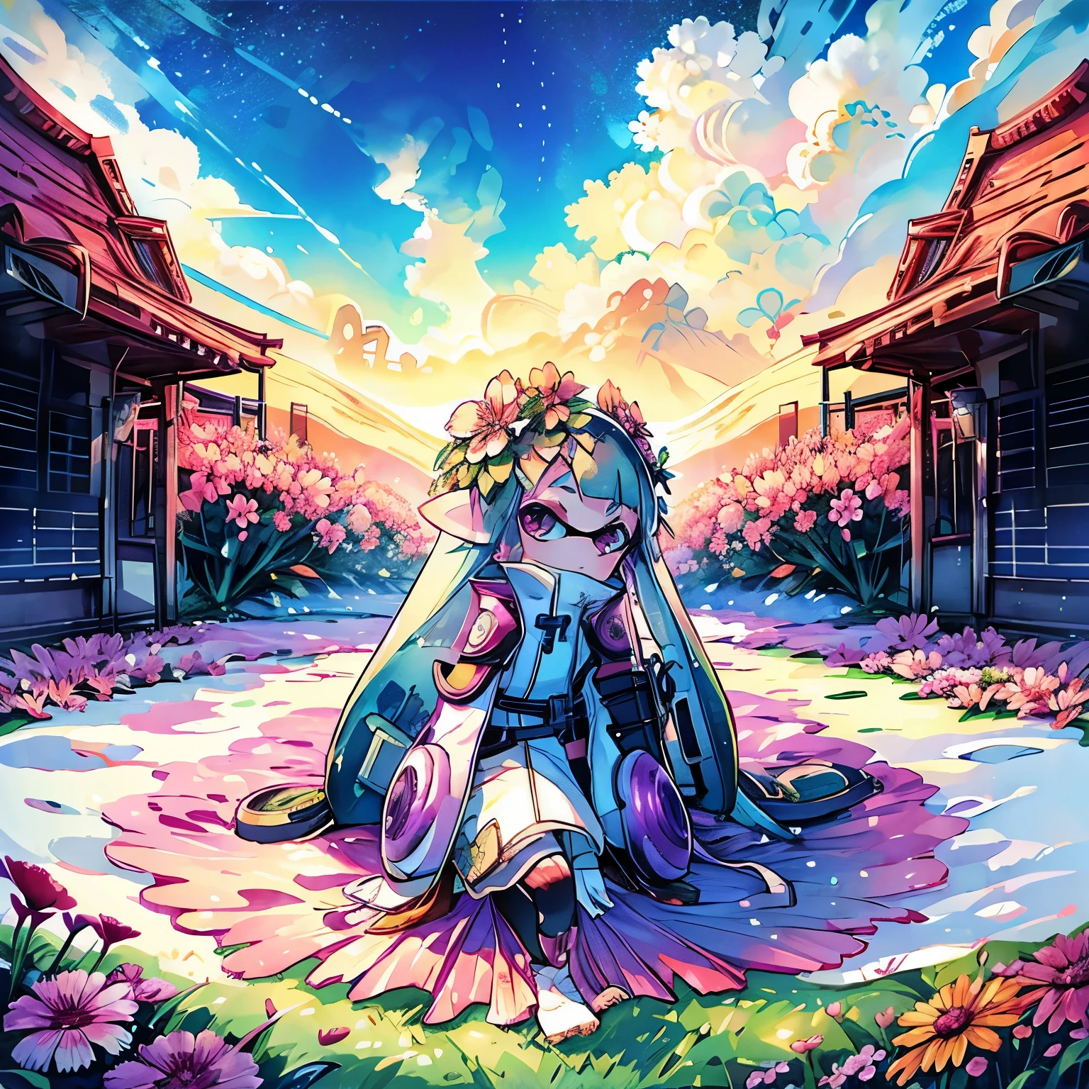 Ultra-wide angle、From afar、scenery、Flower Field、All over the ground々Flower、Flower Fieldの中に座っている、Splatoon girl looking into the distance、Flower storm