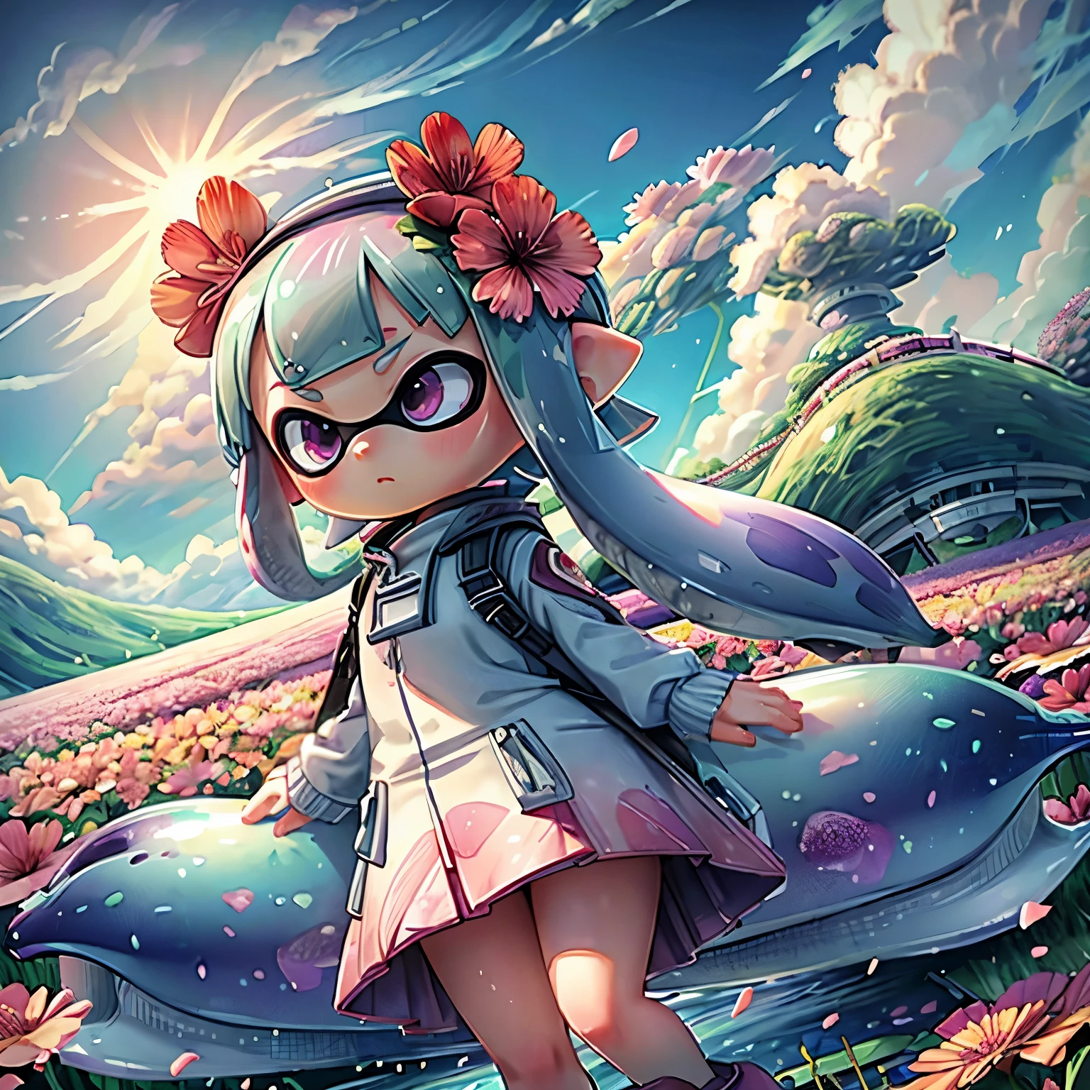 Ultra-wide angle、From afar、scenery、Flower Field、All over the ground々Flower、Flower Fieldの中に座っている、Splatoon girl looking into the distance、The girl is far away from the screen、small、((Flower storm))、Many petals are flying、