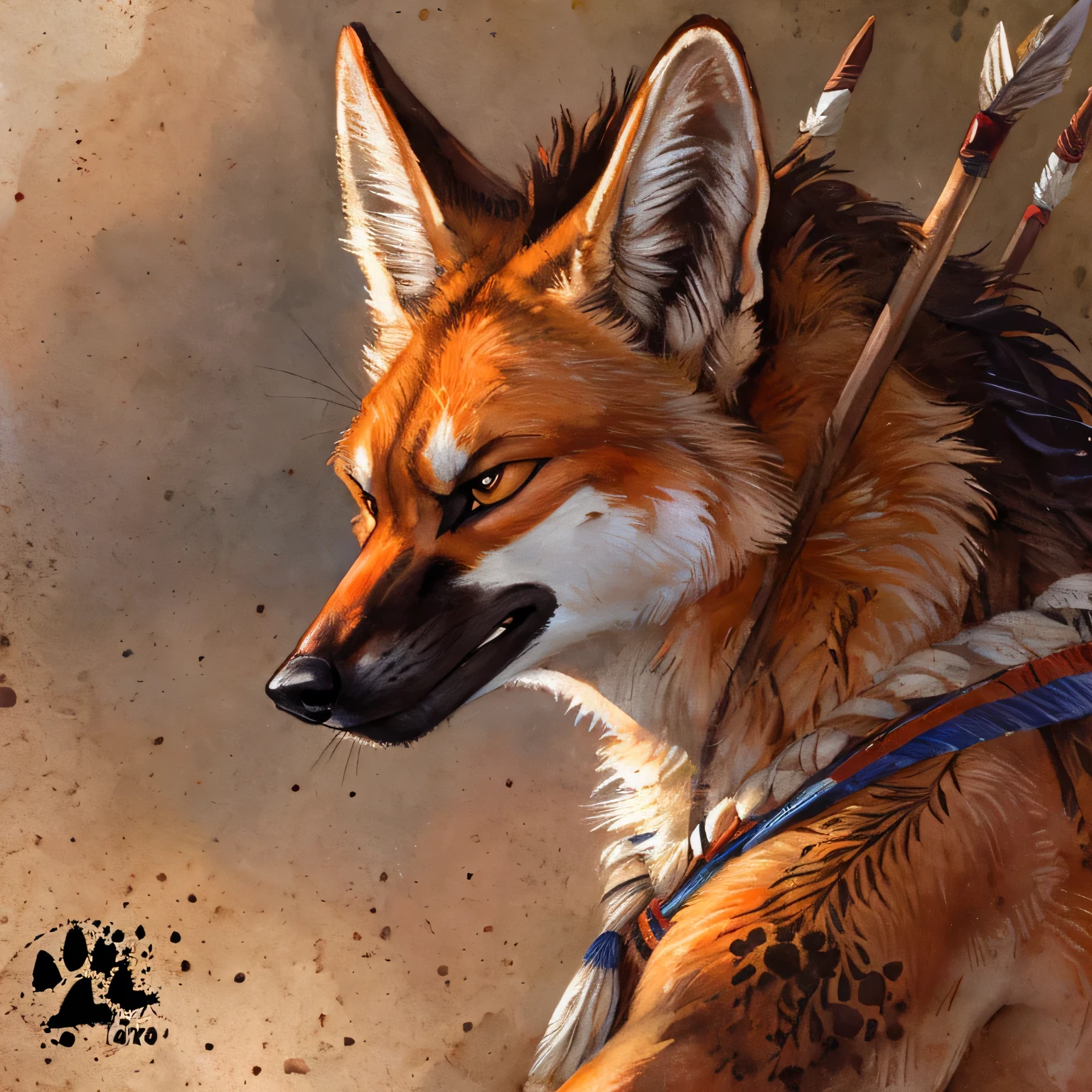 Male, Anthro, maned wolf, angry eyes, tribal vests, holding spear, detailed anatomy, no background, (by blotch)