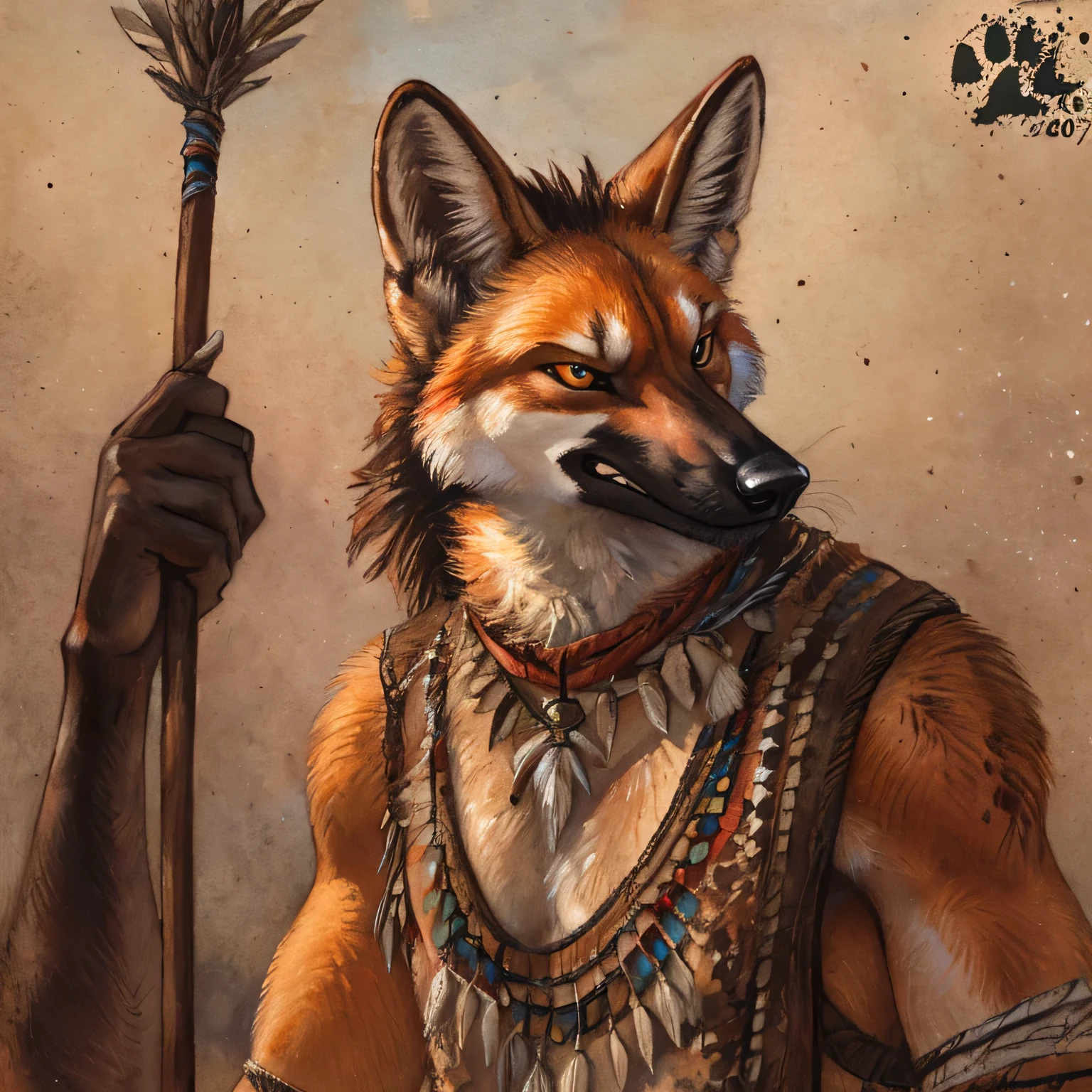 Male, Anthro, maned wolf, angry eyes, tribal vests, holding spear, detailed anatomy, no background, (by blotch)