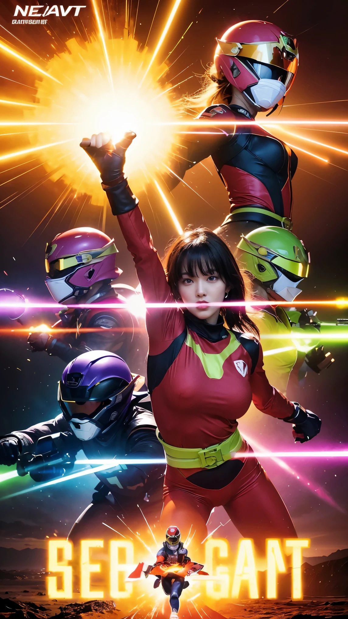 A brave and daring image of the six-man Ranger team, Each is decorated with the following vibrant colors:: neon pink, Sunset Orange, Fire engine red, plasma violet, Fluorescent Green, shocking yellow. A dynamic pose with a background that oozes energy and courage.。, Embodying the essence of the classic Sentai superhero team. Each Ranger&#39;s outfit is sleek and modern, Each color has elements that reflect its theme., Ready for action. ((camel toe))