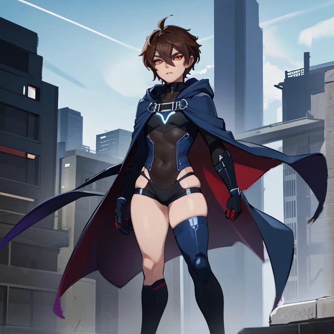 1boy, Femboy, superhero, crossdresser man, teenager, with a dark blue with red accents full body Spandex crow themed suit, with a blue cape, a blue glowing decal in the chest, black gloves and black boots that resemble crow feet, and a hoodie, long technological red sword, brown skinned, red eyes, feminine shoulder length dark brown hair, wide hips, thick thighs , flat chest, narrow waist, standing on the rooftop in the over a futuristic city at night ((only one character))