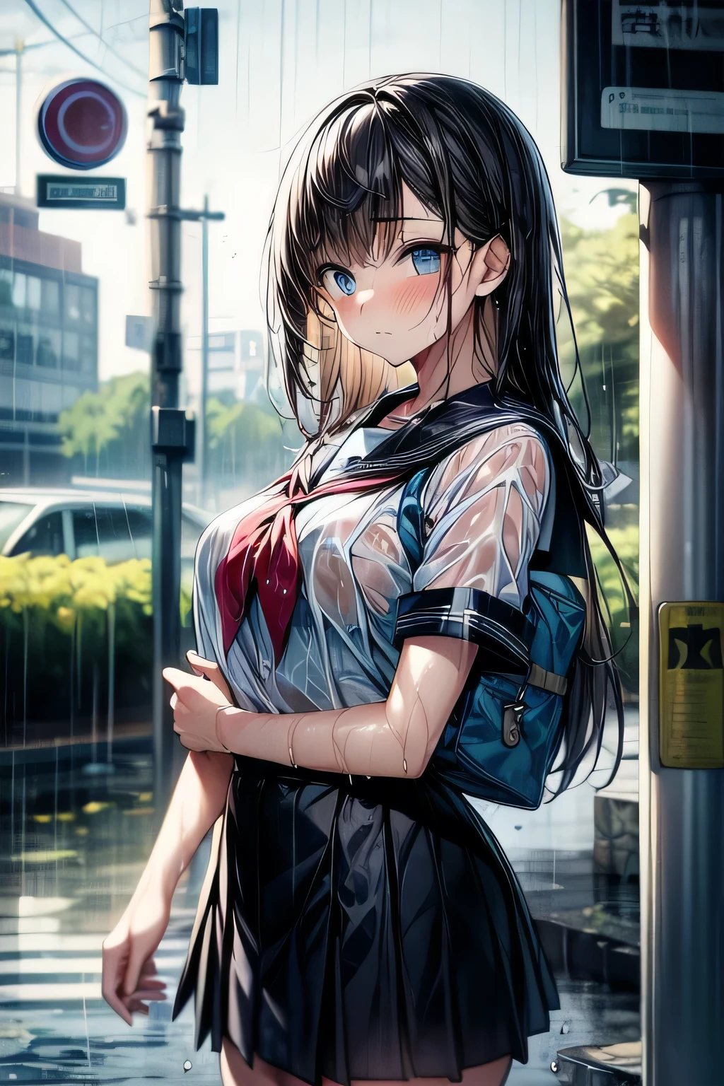 masterpiece, super details, best quality, beautiful girl, school sailor uniform, see-through, troubled face, soaking wet, wet clothes, wet body, heavy rain, abandoned bus stop