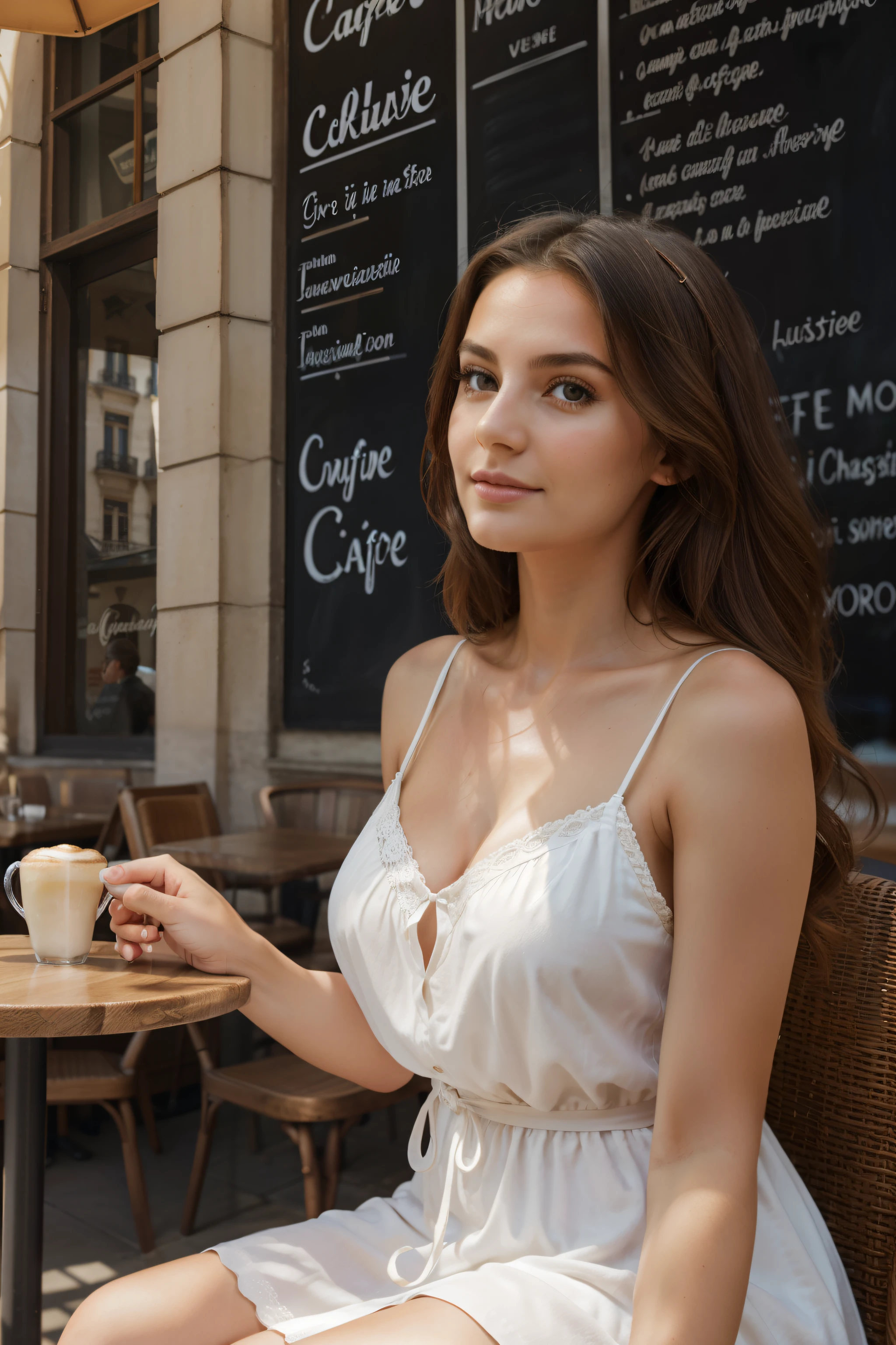 visage, long_cheveux, Magnifique, Fille de la ville, clivage, occidental, robe d&#39;Summer, Fille chaude, sitting in a cafe, boire du cappuccino, (chef-d&#39;artwork), Best quality, high resolution, Extremely detailed, blurred background, profondeur de champ, kinematics&#39;Lighting,