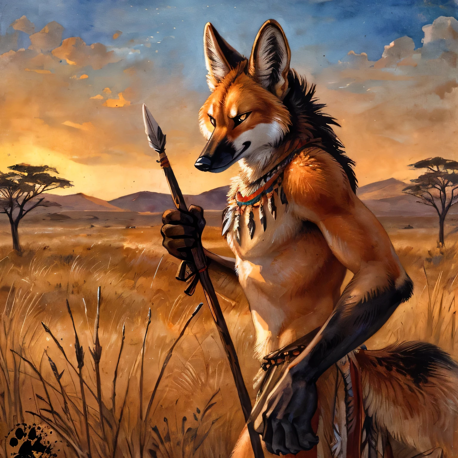 Male, Anthro, maned wolf, angry eyes, tribal vests, holding spear, detailed background, savanna background, dusk, (by blotch)