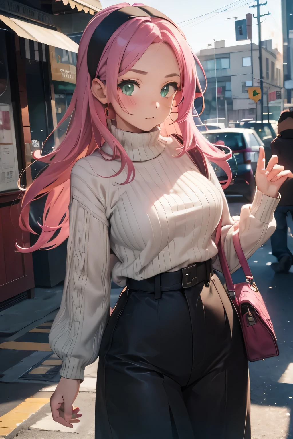 1 girl, single girl, cute, pink hair, green eyes, medium breasts, big hips, wool sweater, baggy Patanlon bluyin, black headband,