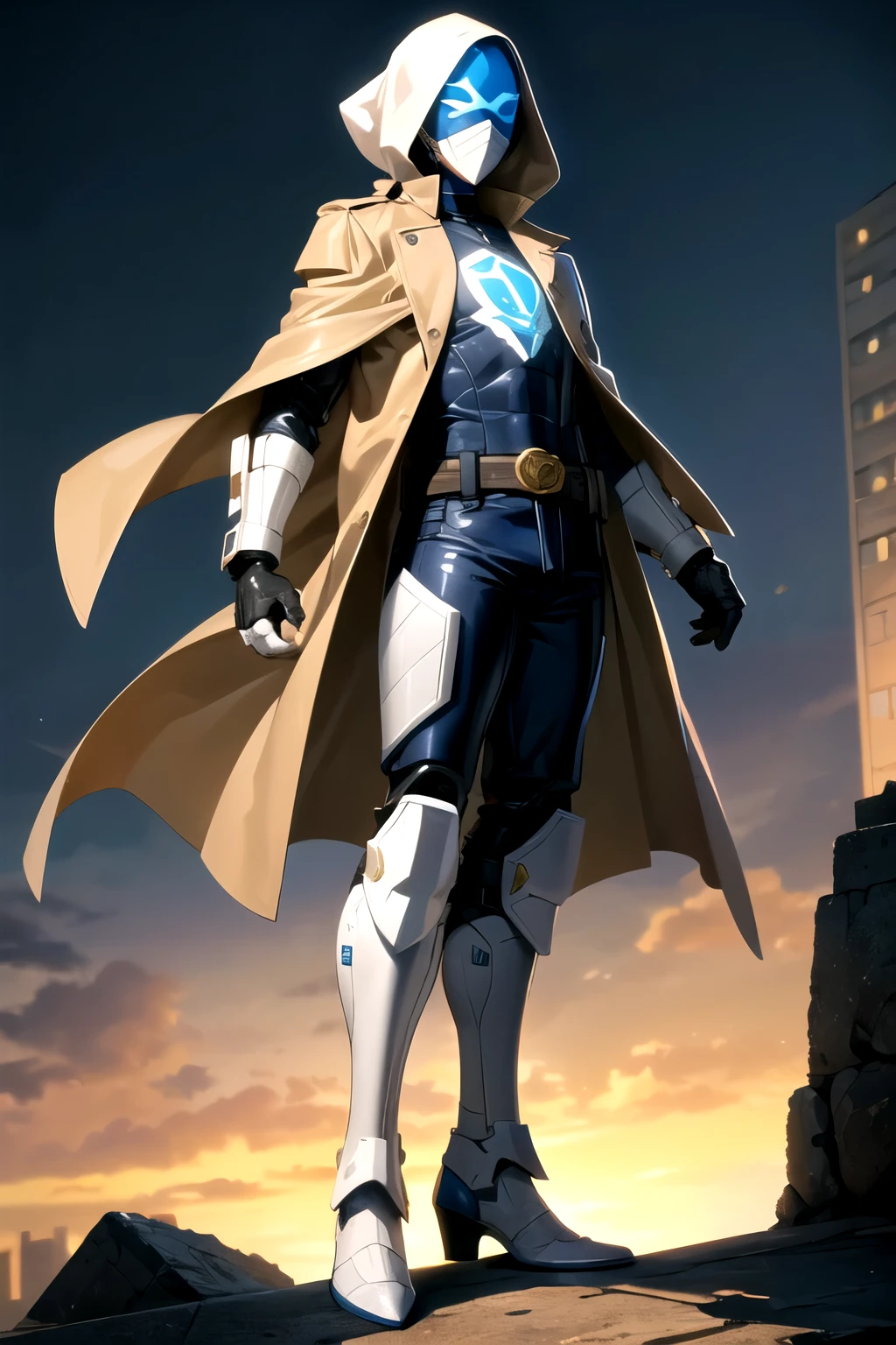 ((best quality)), ((masterpiece)), (detailed), 1 boy in a trench coat standing on a building, full body, 19 years old, masked, white mask covering his entire head and hair, black swimming goggles, blue eyes, face mask, no hair, tall and slender, long beige trench coat, open trench coat showing his emblem, black fingerless gloves, white wristbands, white superhero armor, luminous blue "I" letter emblem on the chest, blue I emblem, black pants, white knee pads, white metallic booties, superhero belt, nanotechnology, city background, anime