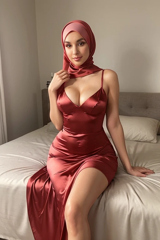 very sexy tall girl wearing a very long tight dress posing, flirty eyes, perfect fit body,small gorgeous eyes, Soft smile,beutiful face,thick thighs, eye liner, long train dress, perfect shape body,beautifull nose, walk into bed, satin hijab, hijab, clear nipple, full body photo, satin sheet,full body photos,walk pose