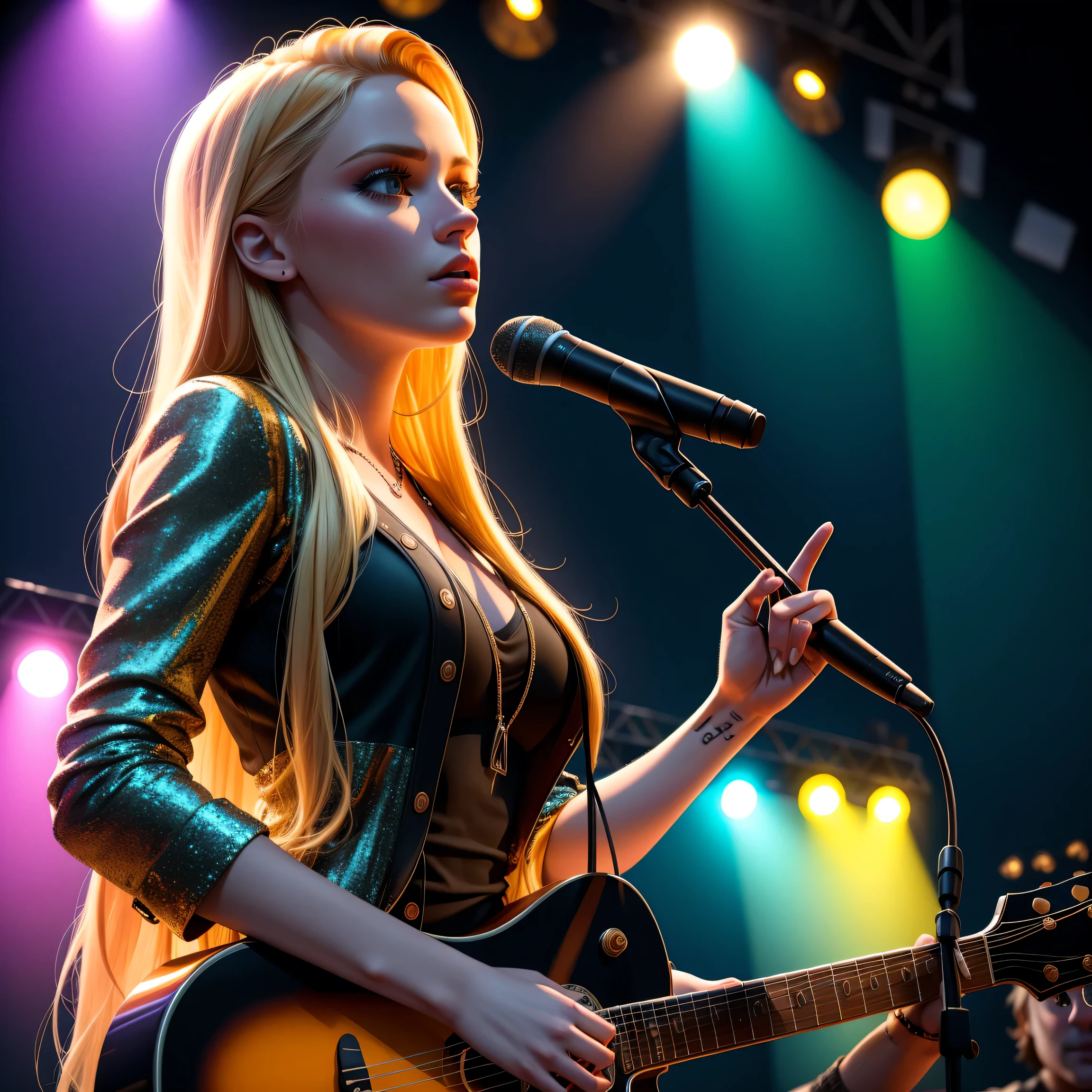 1 girl,blonde long hair, on stage, singer ,rock, short sexy dress, sexy figure, musician,performing on stage,concert,audience,music,microphone,electric guitar,live performance,(best quality,4k,8k,highres,masterpiece:1.2),ultra-detailed,(realistic,photorealistic,photo-realistic:1.37),cinematic lighting,dramatic lighting,vibrant colors,dynamic composition