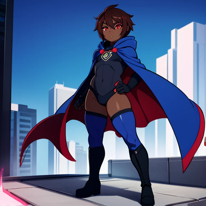 1boy, Femboy, superhero, crossdresser man, teenager, with a dark blue with red accents full body Spandex crow themed suit, with a blue cape, a blue glowing decal in the chest, black gloves and black boots that resemble crow feet, and a hoodie, long technological red sword, brown skinned, red eyes, feminine shoulder length dark brown hair, wide hips, thick thighs , flat chest, narrow waist, standing on the rooftop in the over a futuristic city at night ((only one character))