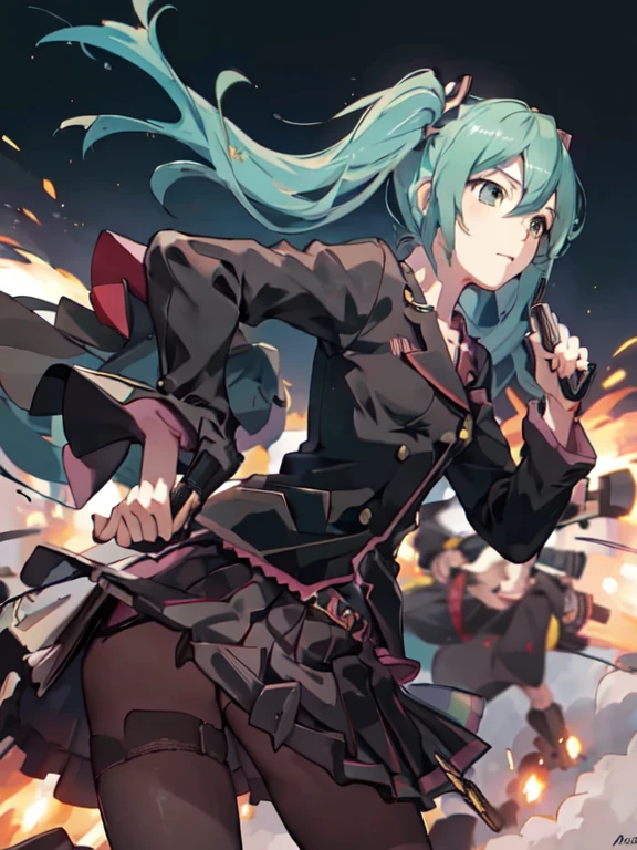 mejor calidad, obra maestra, Hatsune Miku, (uniforme militar), pistolaatyou, pistola, apuntando al espectador, holding pistola, explosion, campo de batalla,  sombrero militar,