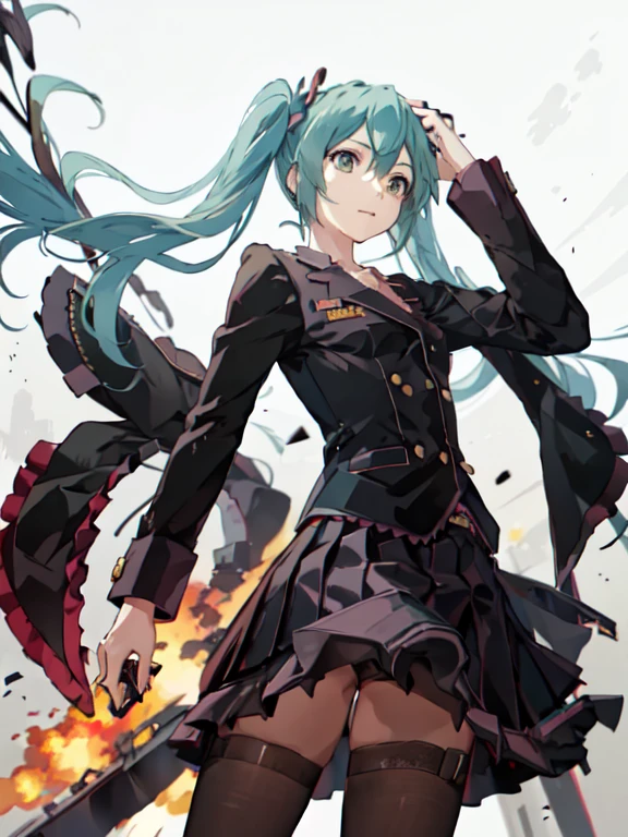 mejor calidad, obra maestra, Hatsune Miku, (uniforme militar), pistolaatyou, pistola, apuntando al espectador, holding pistola, explosion, campo de batalla,  sombrero militar,